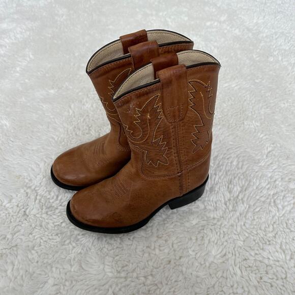 Old West Toddler Western Cow Boy Boots Round Toe Light Brown Leather Size 7C - Picture 2 of 8